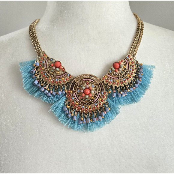Boho Necklace Colorful Beads Goldtone Tribal Southwest Aztec Festival Maximalist - Picture 1 of 14